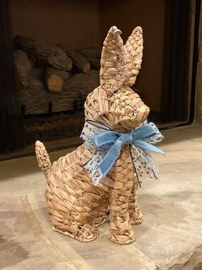 Handwoven Straw Bunny with Blue Layered Bow